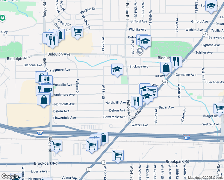 map of restaurants, bars, coffee shops, grocery stores, and more near 5621 Vandalia Avenue in Cleveland