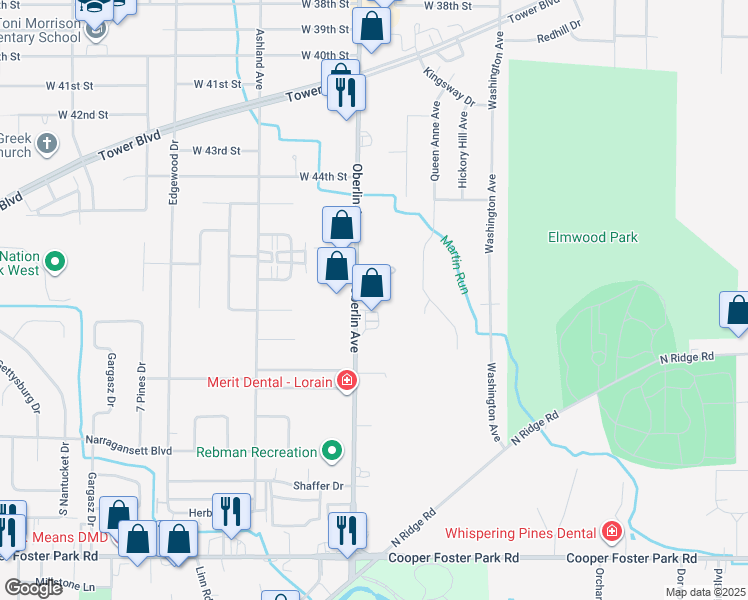 map of restaurants, bars, coffee shops, grocery stores, and more near 4751 Oberlin Avenue in Lorain
