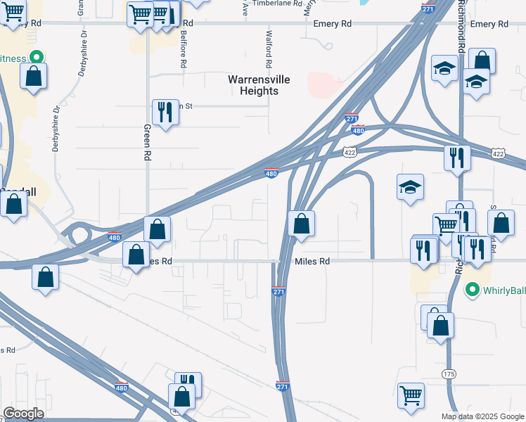 map of restaurants, bars, coffee shops, grocery stores, and more near 4889 Banbury Court in Warrensville Heights
