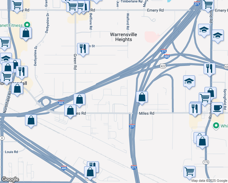 map of restaurants, bars, coffee shops, grocery stores, and more near 23755 Banbury Circle in Warrensville Heights