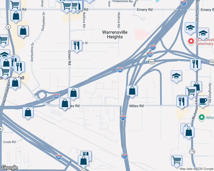 map of restaurants, bars, coffee shops, grocery stores, and more near 23755 Banbury Circle in Warrensville Heights