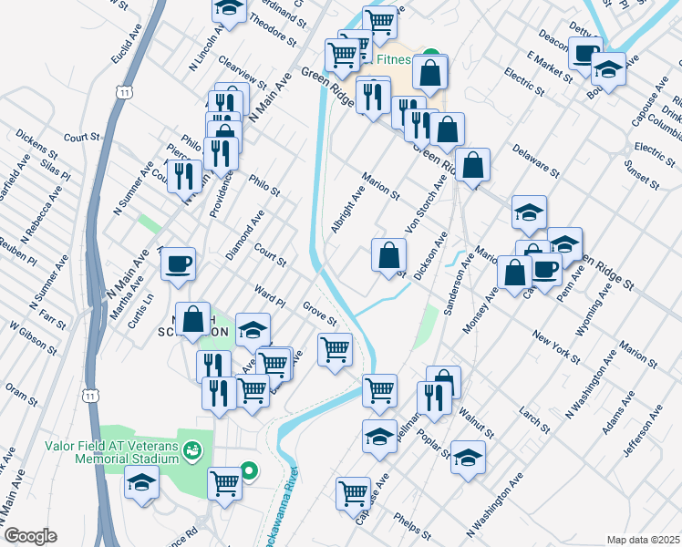 map of restaurants, bars, coffee shops, grocery stores, and more near 1315 Meylert Avenue in Scranton