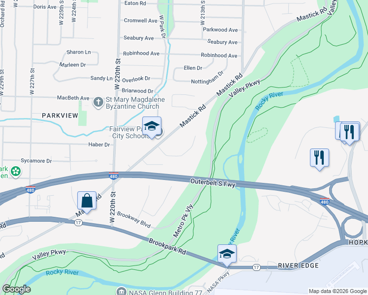 map of restaurants, bars, coffee shops, grocery stores, and more near 21506 Riviera Drive in Fairview Park