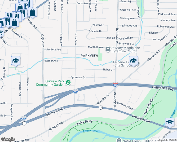 map of restaurants, bars, coffee shops, grocery stores, and more near 22530 Haber Drive in Fairview Park