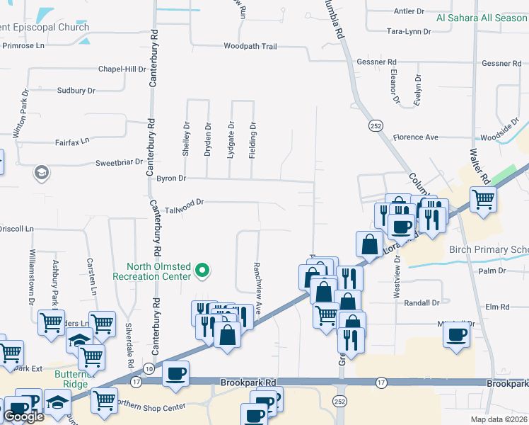 map of restaurants, bars, coffee shops, grocery stores, and more near 25839 Tallwood Drive in North Olmsted