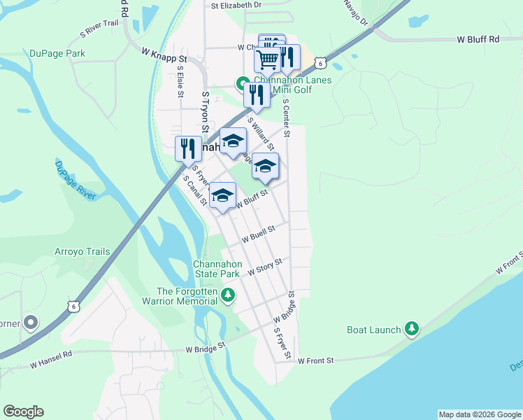 map of restaurants, bars, coffee shops, grocery stores, and more near 25111 South Tryon Street in Channahon