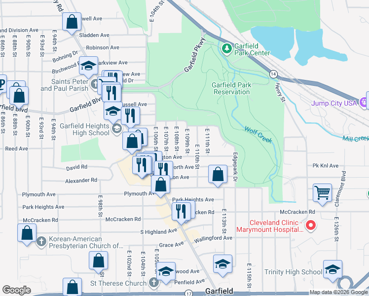 map of restaurants, bars, coffee shops, grocery stores, and more near 4938 East 109th Street in Garfield Heights