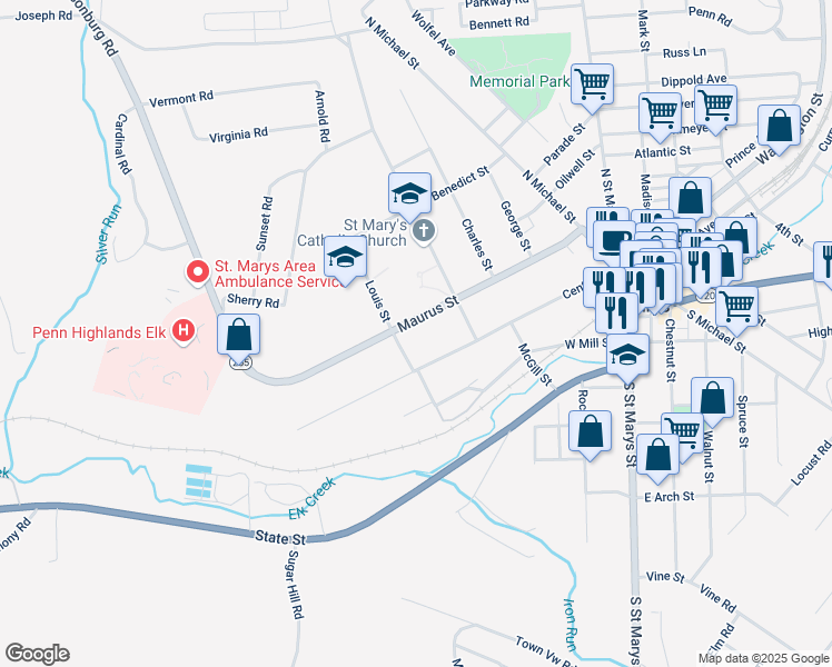 map of restaurants, bars, coffee shops, grocery stores, and more near 574 Maurus Street in St. Marys
