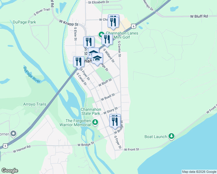 map of restaurants, bars, coffee shops, grocery stores, and more near 25127 South Tryon Street in Channahon