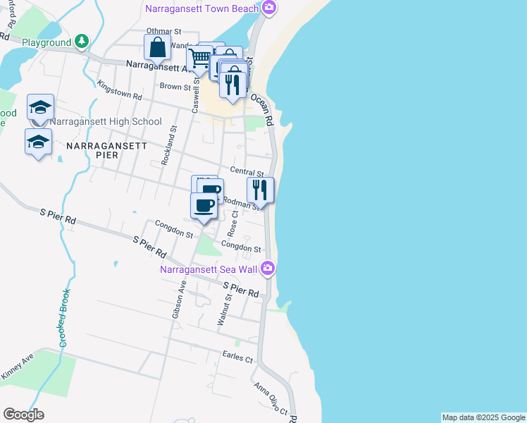 map of restaurants, bars, coffee shops, grocery stores, and more near 63 Ocean Road in Narragansett