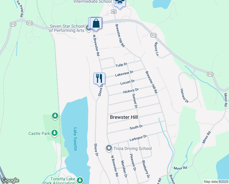 map of restaurants, bars, coffee shops, grocery stores, and more near 19 Locust Drive in Brewster
