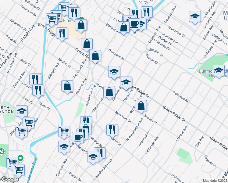 map of restaurants, bars, coffee shops, grocery stores, and more near 1514 Monsey Avenue in Scranton