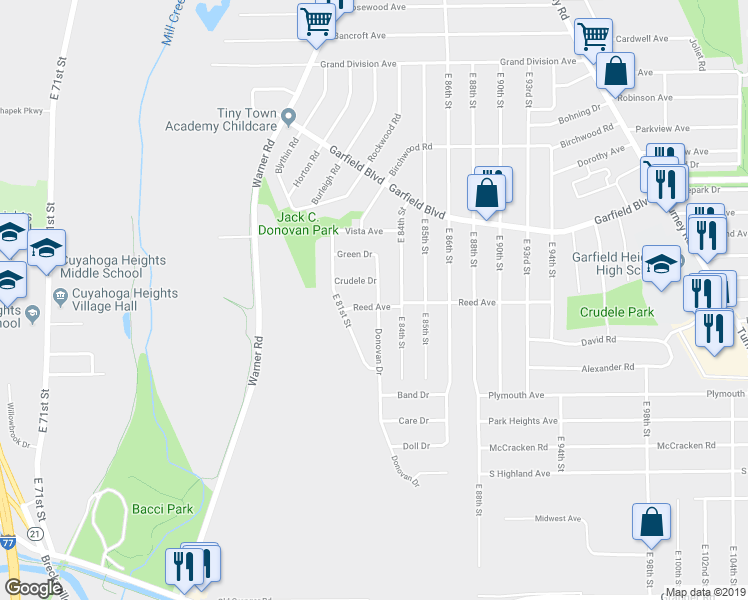 map of restaurants, bars, coffee shops, grocery stores, and more near 8232 Crudele Drive in Garfield Heights