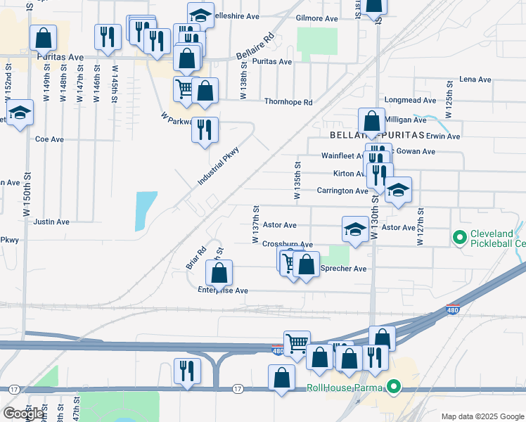 map of restaurants, bars, coffee shops, grocery stores, and more near 13634 Bennington Avenue in Cleveland