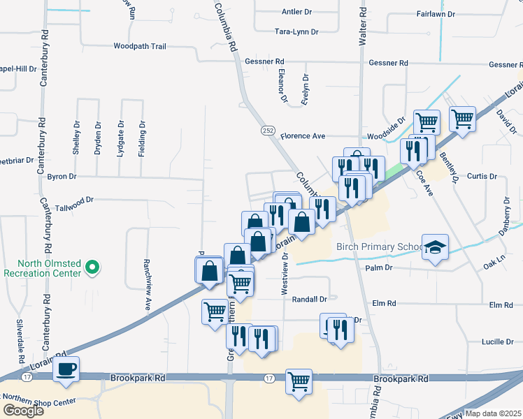 map of restaurants, bars, coffee shops, grocery stores, and more near 4308 Hyde Park in North Olmsted