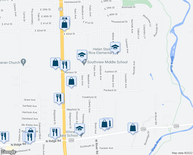 map of restaurants, bars, coffee shops, grocery stores, and more near 4613 Palm Avenue in Lorain