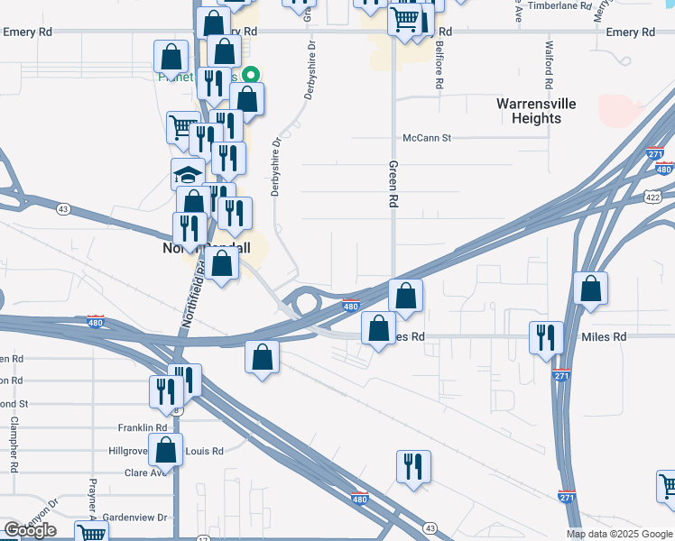 map of restaurants, bars, coffee shops, grocery stores, and more near 4917 North Randall Drive in North Randall