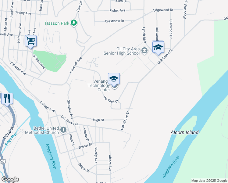 map of restaurants, bars, coffee shops, grocery stores, and more near 1 Vo-Tech Drive in Oil City