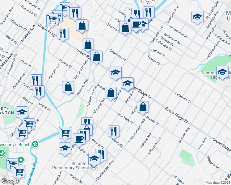 map of restaurants, bars, coffee shops, grocery stores, and more near 1514 Monsey Avenue in Scranton
