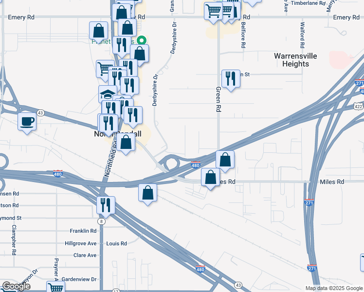 map of restaurants, bars, coffee shops, grocery stores, and more near 4920 North Randall Drive in North Randall