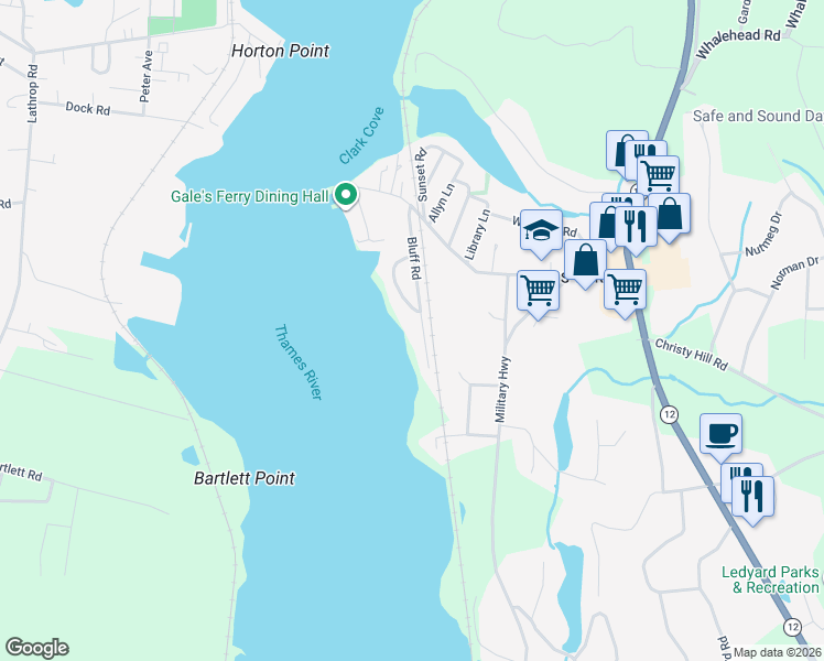 map of restaurants, bars, coffee shops, grocery stores, and more near 26 Bluff Road West in Ledyard