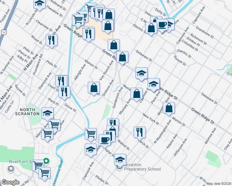 map of restaurants, bars, coffee shops, grocery stores, and more near 1441 Sanderson Avenue in Scranton
