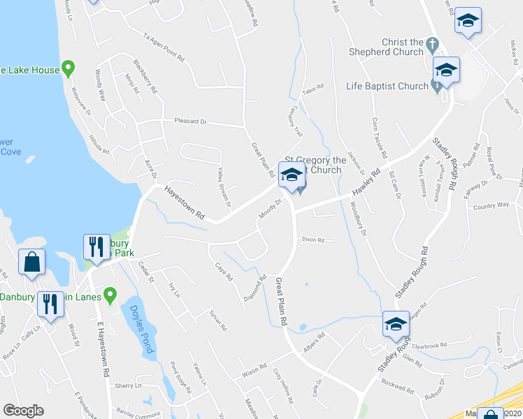 map of restaurants, bars, coffee shops, grocery stores, and more near 12 Moody Drive in Danbury