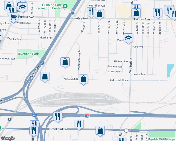 map of restaurants, bars, coffee shops, grocery stores, and more near 4693 West 158th Street in Cleveland