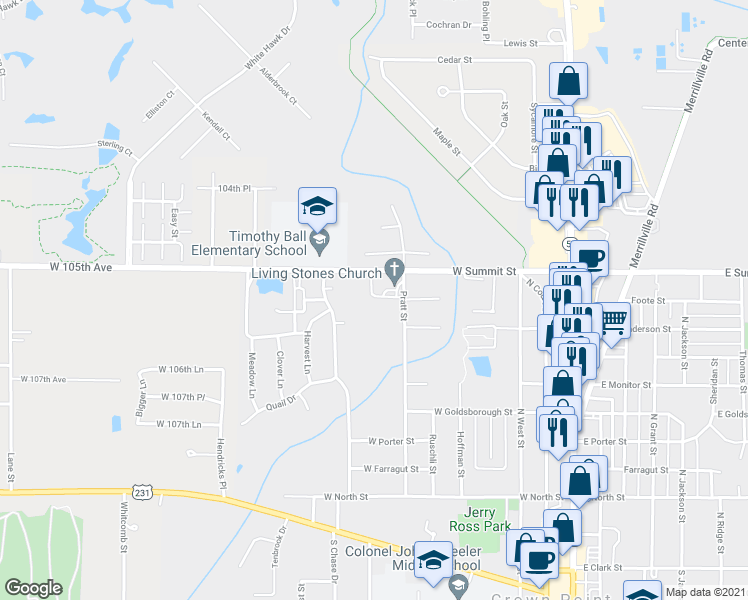 map of restaurants, bars, coffee shops, grocery stores, and more near 909 Pratt Street in Crown Point
