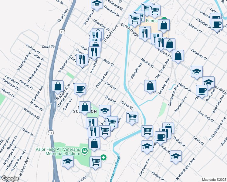 map of restaurants, bars, coffee shops, grocery stores, and more near 524 Court Street in Scranton