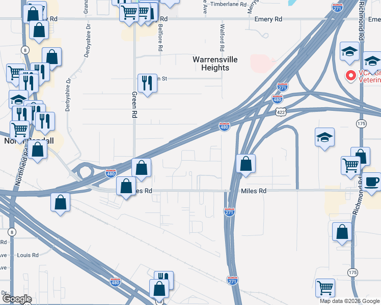 map of restaurants, bars, coffee shops, grocery stores, and more near 23673 Banbury Circle in Warrensville Heights