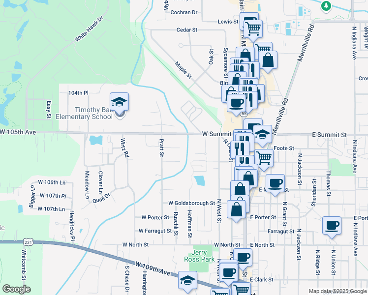 map of restaurants, bars, coffee shops, grocery stores, and more near 371 Summit Park Ct W in Crown Point