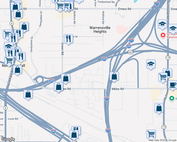 map of restaurants, bars, coffee shops, grocery stores, and more near 23673 Banbury Circle in Warrensville Heights