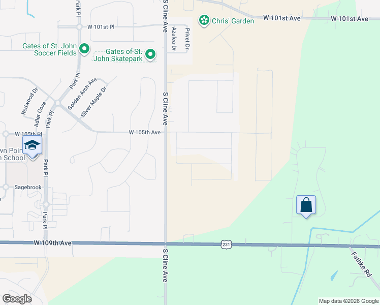 map of restaurants, bars, coffee shops, grocery stores, and more near 10421 Cline Avenue in Crown Point