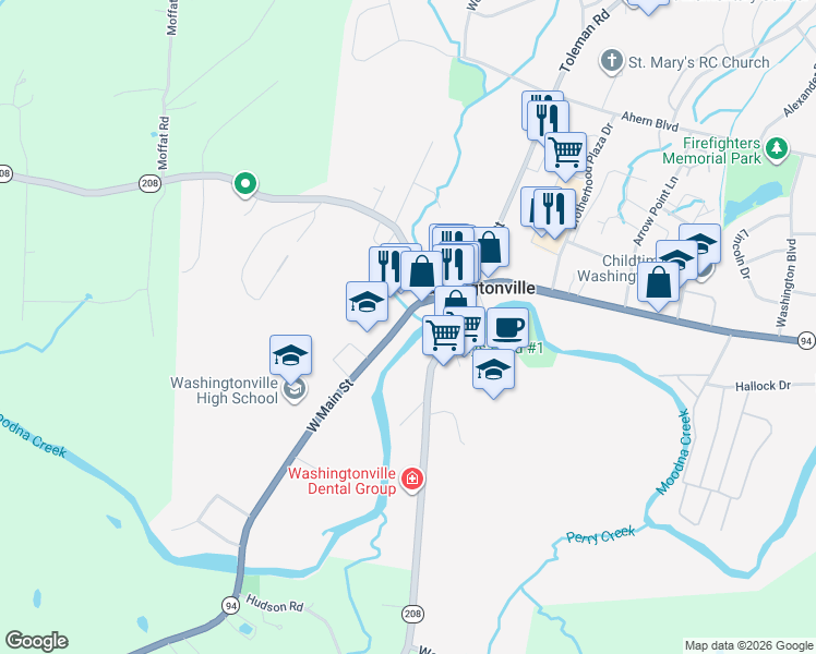 map of restaurants, bars, coffee shops, grocery stores, and more near West Main Street in Washingtonville