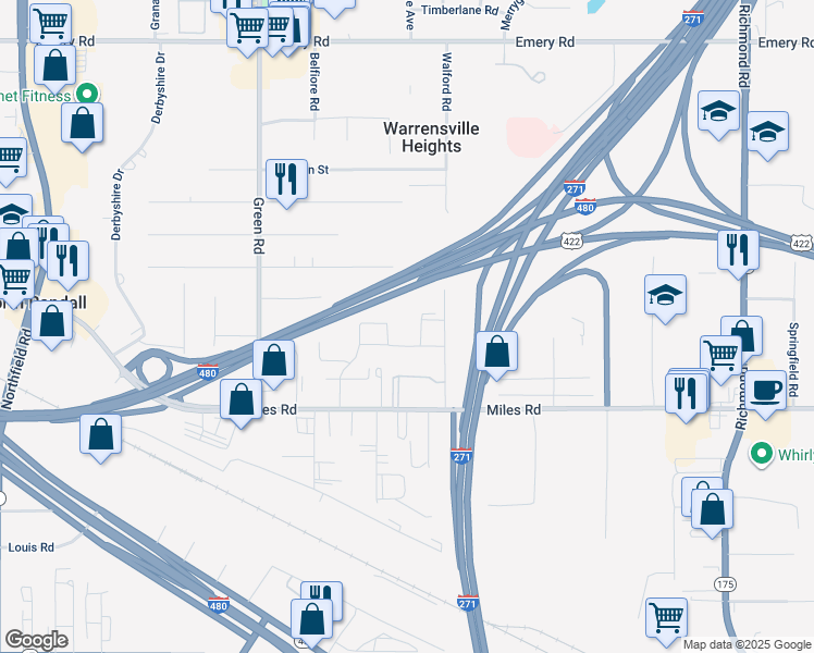 map of restaurants, bars, coffee shops, grocery stores, and more near 23755 Banbury Circle in Warrensville Heights