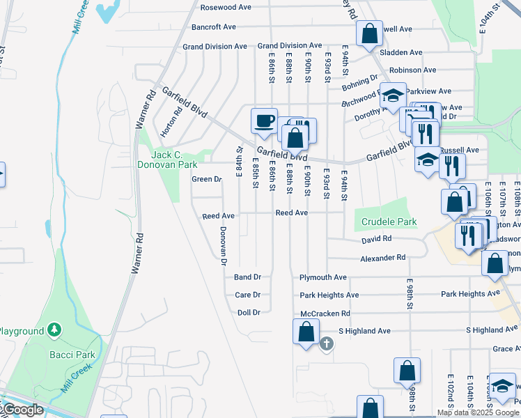 map of restaurants, bars, coffee shops, grocery stores, and more near 4865 East 85th Street in Garfield Heights