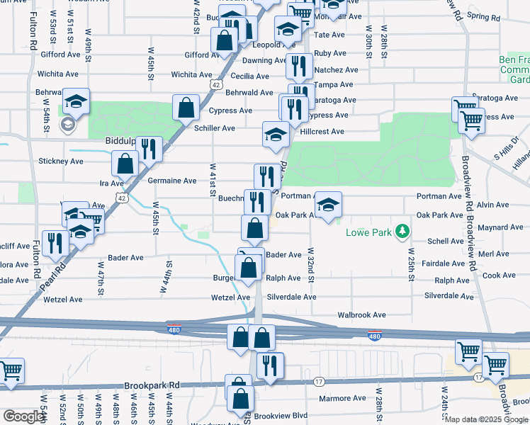 map of restaurants, bars, coffee shops, grocery stores, and more near 4682 State Road in Cleveland
