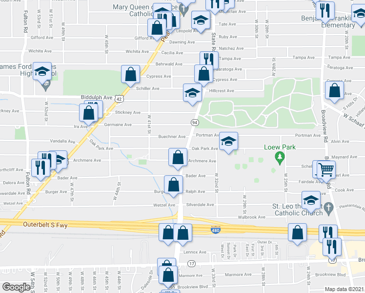 map of restaurants, bars, coffee shops, grocery stores, and more near 4682 State Road in Cleveland