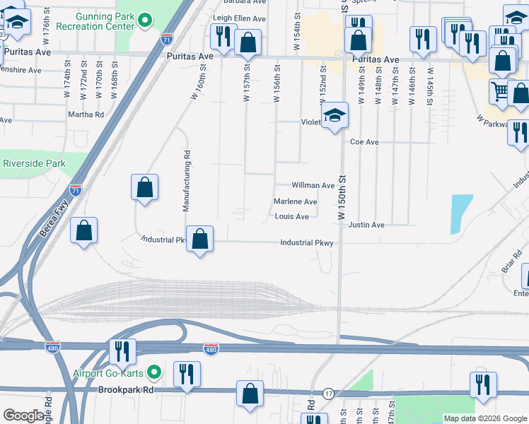 map of restaurants, bars, coffee shops, grocery stores, and more near 15517 Marlene Avenue in Cleveland