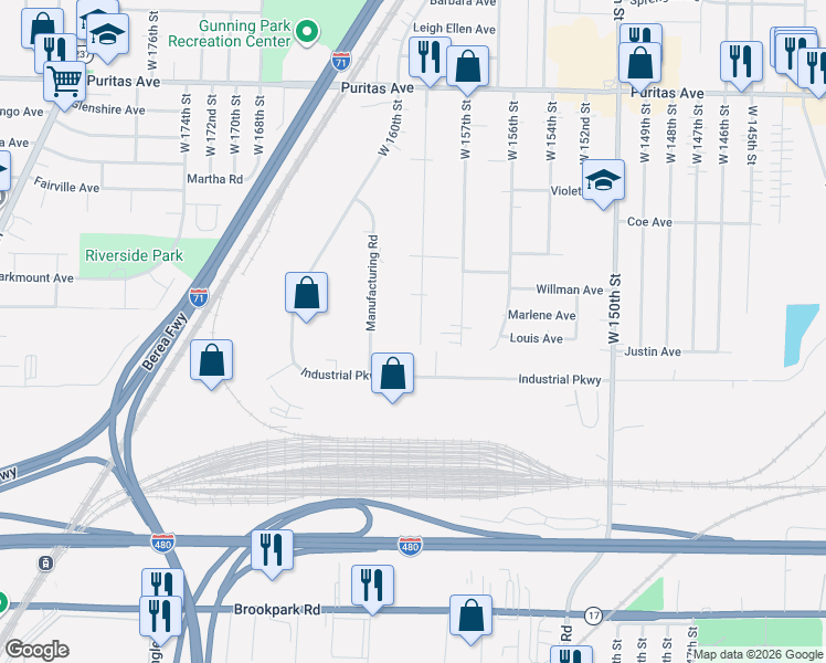 map of restaurants, bars, coffee shops, grocery stores, and more near 4693 West 158th Street in Cleveland