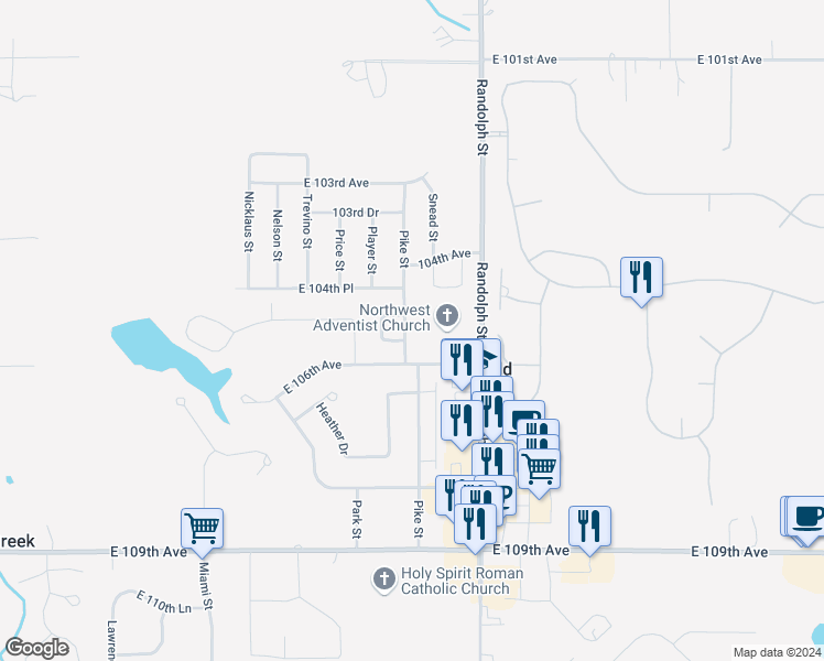 map of restaurants, bars, coffee shops, grocery stores, and more near 10535 Pike Street in Crown Point