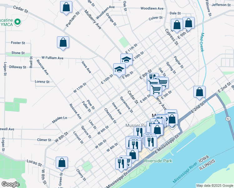 map of restaurants, bars, coffee shops, grocery stores, and more near 812 Sycamore St in Muscatine