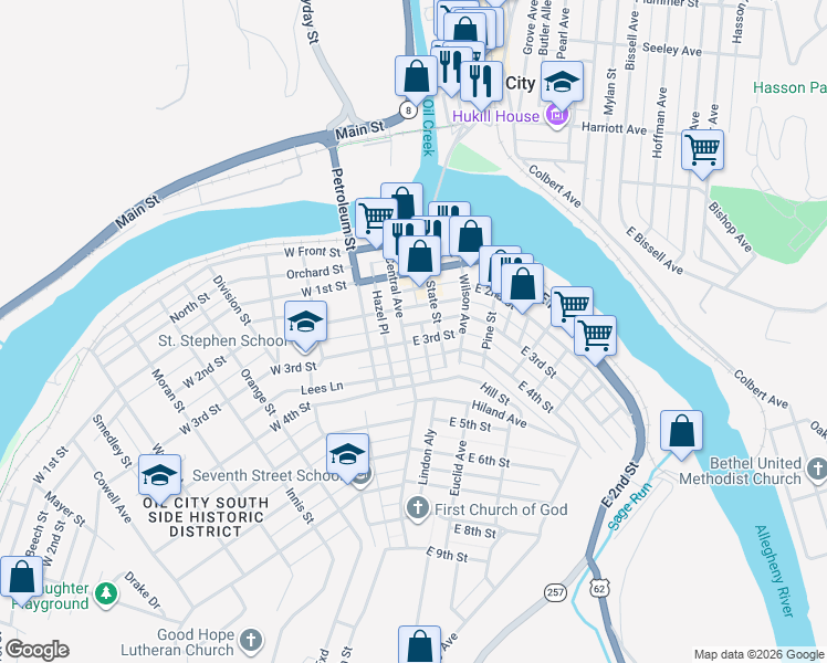 map of restaurants, bars, coffee shops, grocery stores, and more near 7 East 2nd Street in Oil City
