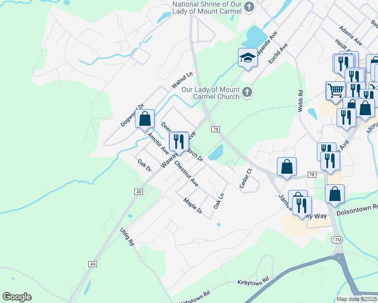 map of restaurants, bars, coffee shops, grocery stores, and more near 49 Birch Court in Middletown