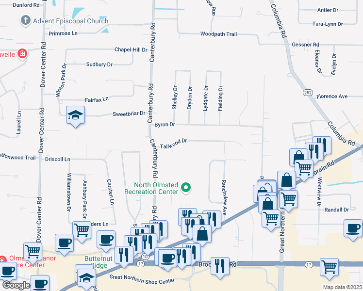 map of restaurants, bars, coffee shops, grocery stores, and more near 26091 Tallwood Drive in North Olmsted