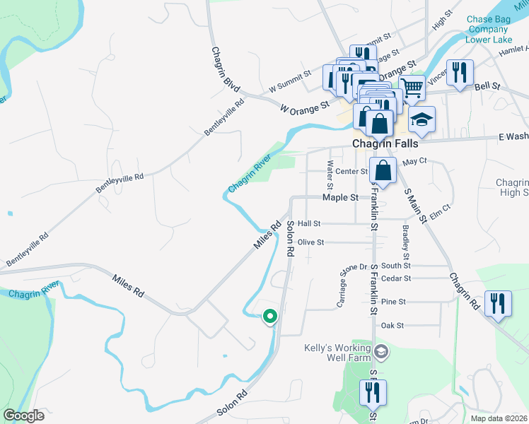 map of restaurants, bars, coffee shops, grocery stores, and more near 128 Miles Road in Chagrin Falls