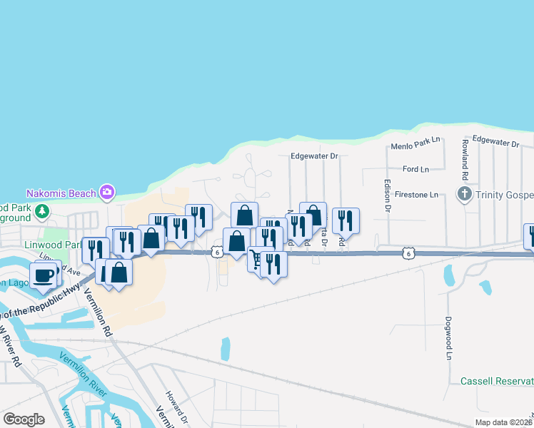 map of restaurants, bars, coffee shops, grocery stores, and more near 372 Morton Road in Vermilion