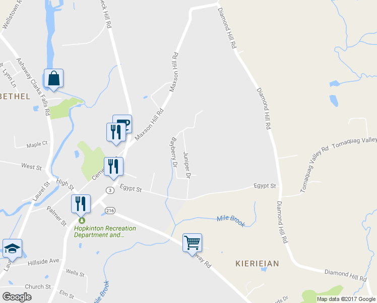 map of restaurants, bars, coffee shops, grocery stores, and more near 24 Juniper Drive in Hopkinton