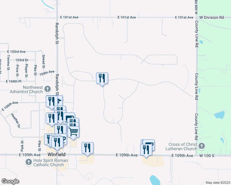 map of restaurants, bars, coffee shops, grocery stores, and more near 8610 Mystic Circle in Crown Point